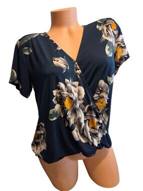 Beacon Womens Navy Floral Wrap-Style Top Lightweight Stretch Fabric V-Neck Short